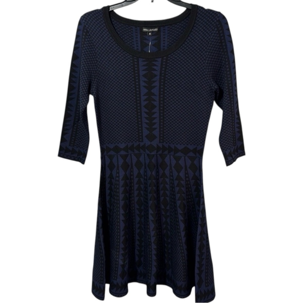 Nina‎ Leonard Dress Blue/Black Dress Knit A-Line Geometric Design Size M  NWT